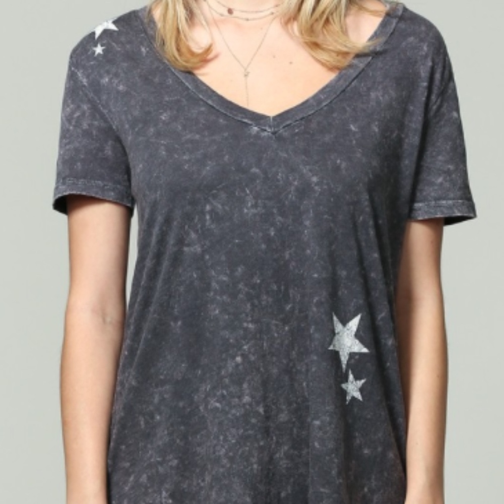 Grey V-Neck Tee with Stars